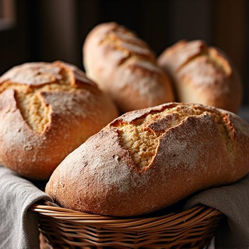 Verschiedene Laibe von handwerklich hergestelltem Brot in einem Korb.