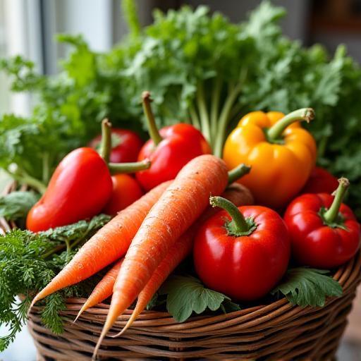 Ein bunter Korb mit frischem, saisonalem Gemüse wie Karotten, Tomaten und Salat.