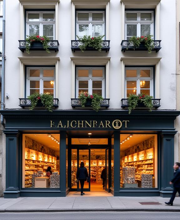 Die einladende Fassade des Alpenbrot Lebensmittelmarkts an der Bahnhofstrasse in Zürich.