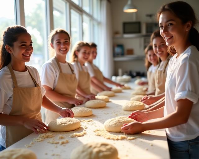 Glückliche Teilnehmer bei einem Brotback-Workshop in einer hellen Küche.